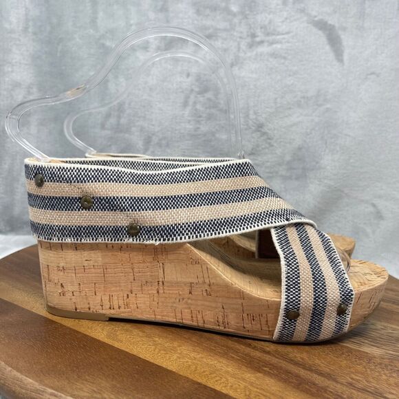 Lucky Brand Sandals 9.5 M Platform Wedge Blue Striped Linen Cork Heel Miller2 - Picture 2 of 14